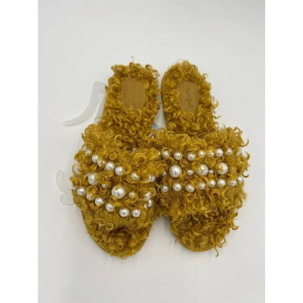 Cat Jack Toddler Girls‎ Fuzzy Slippers Pearls Mustard Yellow Size 4 NWT